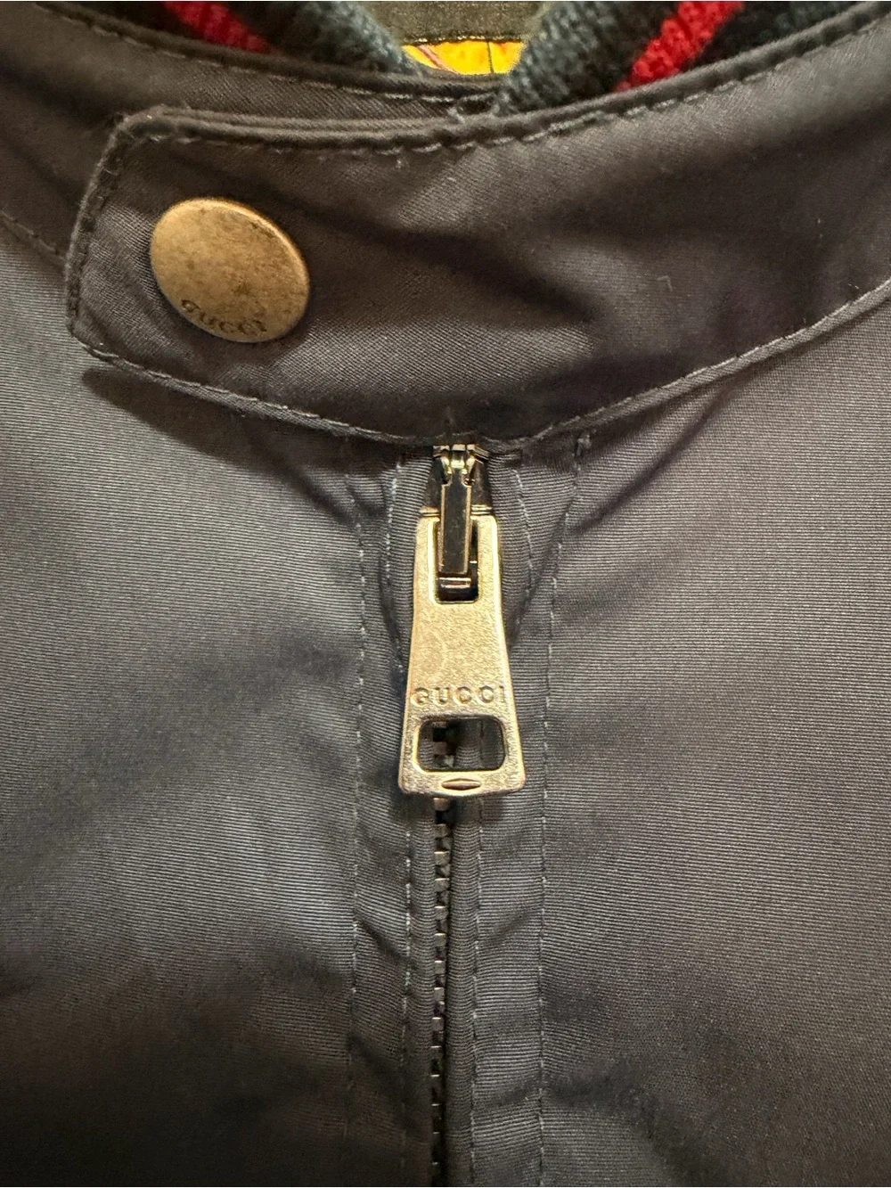 Gucci Men's Blue Bomber Jacket with Stripe Collar